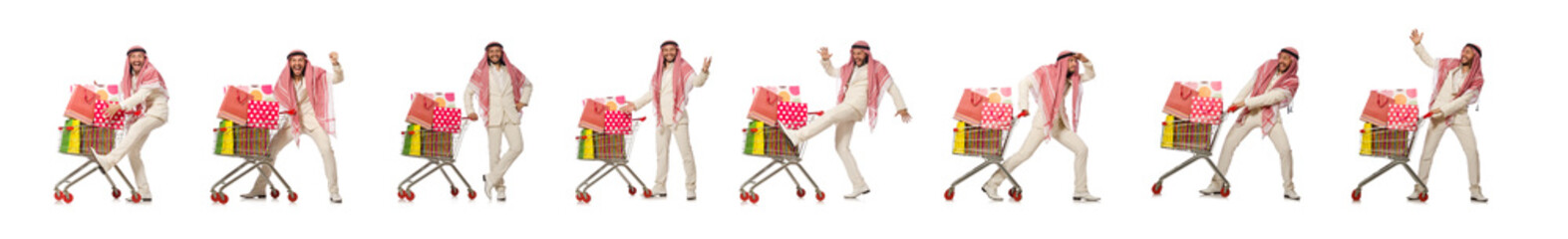 Arab man doing shopping isolated on white