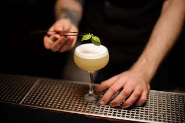 Fototapeta na wymiar Close-up of a bartender preparing cocktail using forceps
