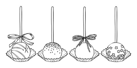 Sweet cake pops on stick with sprinkles isolated on white background. Hand drawn vector illustrations set of cake pops collection in engraving style.