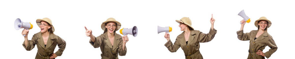 Naklejka premium Woman wearing safari hat on white