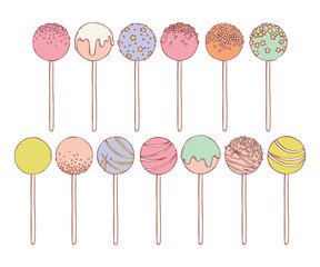 Sweet colorful cake pops on stick with sprinkles isolated on white background. Hand drawn vector illustrations set of cake pops collection in vinage style.