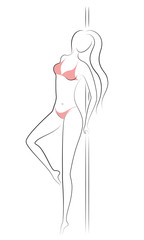 Silhouette of a sweet lady, she dances on a pylon. The girl has a beautiful figure in a bikini. The woman is young and slim. Vector illustration.