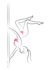 Silhouette of a sweet lady, she dances on a pylon. The girl has a beautiful figure in a bikini. The woman is young and slim. Vector illustration.