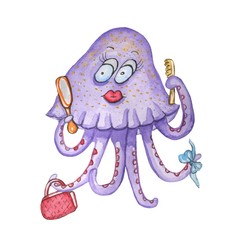 Watercolor illustration of a fish. Octopus girl with a bow, handbag, mirror and comb purple. Suitable for children's illustrations, prints and printing.