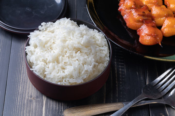 grilled chicken butt skewer and steamed rice