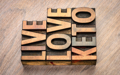 live, love keto word abstract in wood type