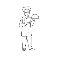 Chef cook man in professional uniform with dish in hand. Line art style character vector black white isolated illustration.