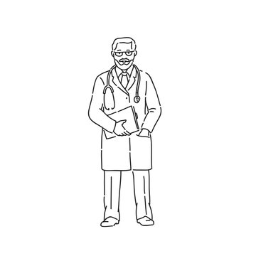 doctor standing, line art, holding clipboard clip art preview