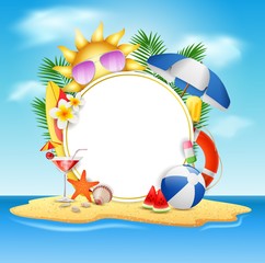Summer vector banner design concept in beach island with beauty blue sky background. Vector illustration