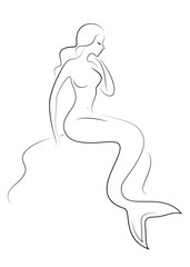 Silhouette of a fairy mermaid. Beautiful girl is sitting on a rock. The lady is young and slender. Vector illustration
