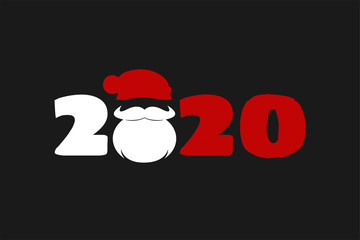 White Beard man with red santa claus hat and numbers 2020. Merry Christmas and Happy New Year celebration card, poster or banner template. Vector illustration of chinese new year of the rat