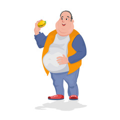 Full man eating a lot of hamburgers. vector graphics