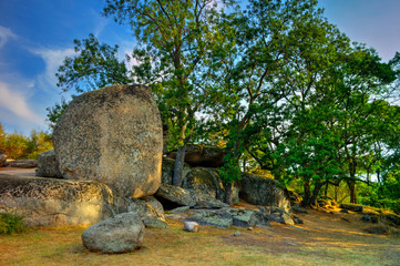 Beautiful landscape with the ancient thracian sanctuary Beglik Tash in Bulgaria
