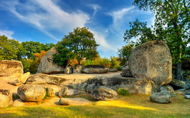 Beautiful landscape with the ancient thracian sanctuary Beglik Tash in Bulgaria