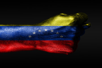 A hand with a painted Venezuela flag shows a fig, a sign of aggression, disagreement, a dispute on...