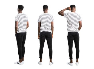 Set of Dark skinned man with striped shirt looking back - Powered by Adobe