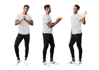 Set of Dark skinned man with striped shirt smiling and applauding