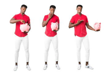 Fototapeta na wymiar Set of Young african american man surprised while holding a big piggybank