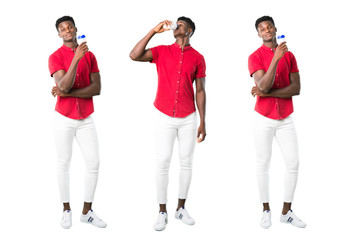 Fototapeta na wymiar Set of Young african american man drinking hot coffee in takeaway paper cup