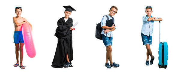 Obraz premium Set of student and traveller kid keeping arms crossed