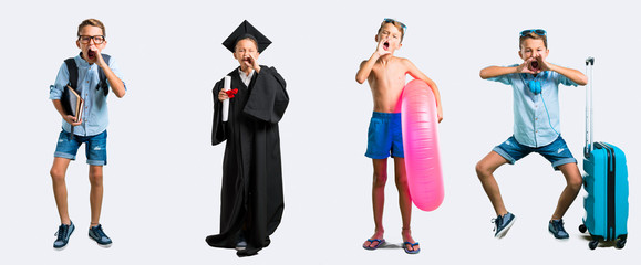 Set of student and traveller kid shouting with mouth wide open
