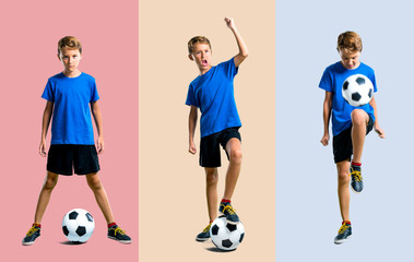 Set of Lucky boy playing soccer