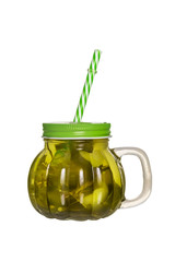Cucumber pickle in a jar with a lid and a tube isolated on white background