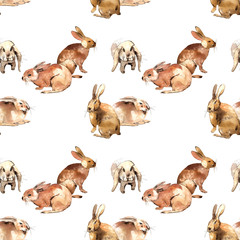 Watercolor seamless pattern with cute rabbits groups. All bunnies are drawn by hands from nature.