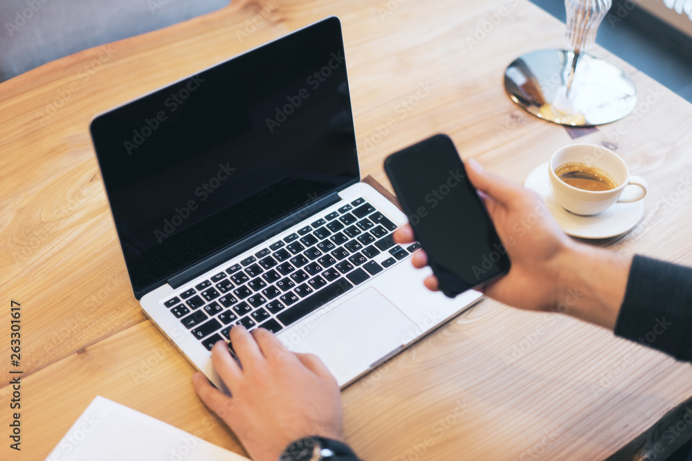 Poster Man using empty laptop screen on desktop