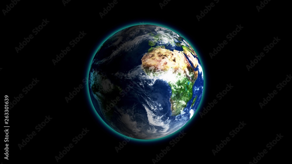 Wall mural realistic earth rotating on black background loop . globe is centered in frame, with correct rotatio
