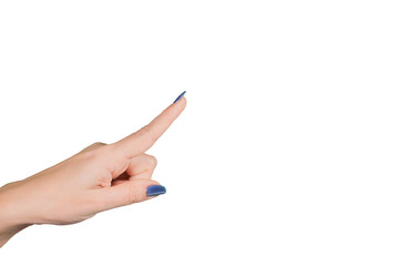 Closeup view of single female hand with beautiful modern blue manicure pointing at something virtual and invisible isolated on white background. Horizontal color photography. © Andrii Oleksiienko