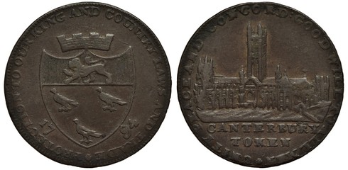 Great Britain British token 1/2 penny halfpenny 1794, Conder Token (18th Century Provincial Token) issued in Canterbury, shield with lion and three birds, Canterbury Cathedral,