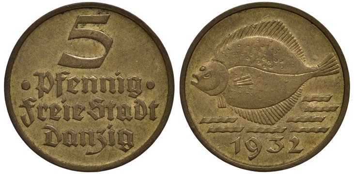 Poland Polish Free City of Danzig coin 5 five pfennig 1932, denomination in gothic letters, sturgeon over stylized sea waves, date below,