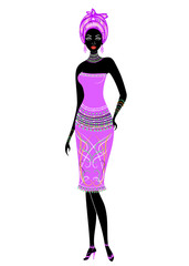 Slender beautiful African-American lady. The girl has bright clothes, a turban on her head. The woman is slender and beautiful. Vector illustration