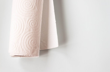 Roll of kitchen disposable towels light background. Close up. Selective soft focus, text copy space.