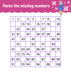 Paste the missing numbers. Handwriting practice. Learning numbers for kids. Education developing worksheet. Activity page. Game for children. Isolated vector illustration in cute cartoon style.