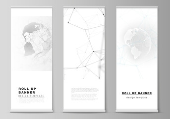 Vector layout of roll up banner stands, vertical flyers, flags design business templates. Futuristic design with world globe, connecting lines and dots. Global network connections, technology concept.