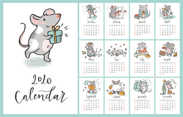 2020 vector calendar. Year of the rat