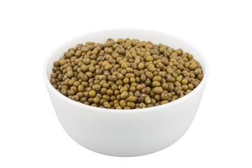 Green mung beans in bowl isolated on white background