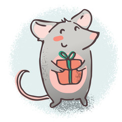 Cute hand drawn vector character. Rat with a gift