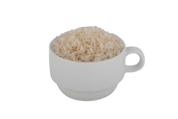 Rice in white bowl isolated on white background