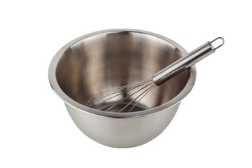Stainless bowl with whisk isolated on white background