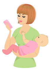 Silhouette of a cute lady. Young and beautiful woman with a child. The girl holds in her hand and looks at the phone. Vector illustration