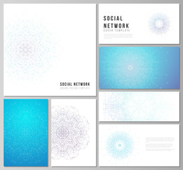 The minimalistic abstract vector illustration layouts of modern social network mockups in popular formats. Big Data Visualization, geometric communication background with connected lines and dots.
