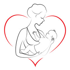 Profile of a sweet lady. Silhouette of the girl, she holds the baby in her arms. A young and beautiful woman. Happy motherhood. Frame in the form of heart. Vector illustration