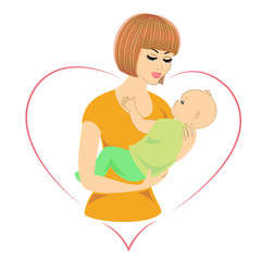 Profile of a sweet lady. Silhouette of the girl, she holds the baby in her arms. A young and beautiful woman. Happy motherhood. Frame in the form of heart. Vector illustration