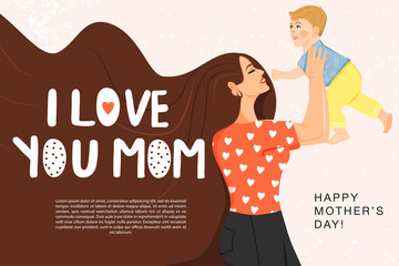 Happy mother’s day banner. Mother with her son and stylish lettering. Mom holds child in her arms. Typography slogan 