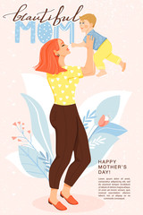 Happy mother’s day greeting card. Beautiful mother with son flowers and stylish lettering. Mom holds child in her arms. Design for banner, posters, cards etc. Vector illustration.