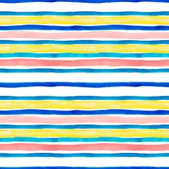 Tapeten Horizontale Streifen Aquarell gestreiftes nahtloses Muster mit blauen, türkisfarbenen, gelben und pastellrosa Streifen auf weißem Hintergrund.