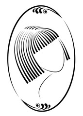Silhouette of a head of a cute lady in a creative frame. A girl shows her hair on medium and short hair. Suitable for logo, advertising. Vector illustration
